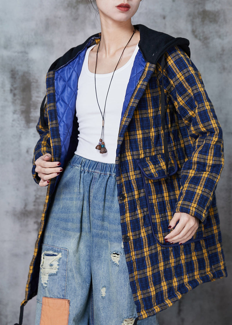 Yellow Hooded Plaid Fine Cotton Filled Coats Spring