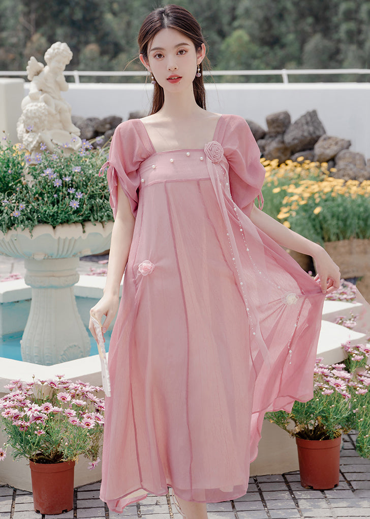 Classy Pink Drawstring Patchwork Chiffon Dress Summer