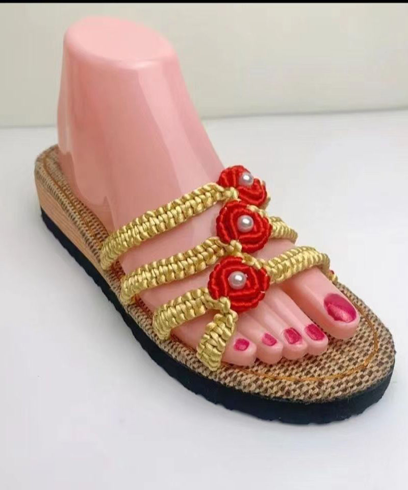 Splicing Wedge Black Knit Fabric Slide Sandals Peep Toe Soofairy Shoes-20251