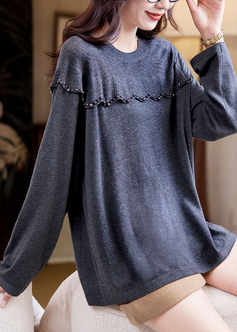 Grey Nail Bead Patchwork Knit Sweater Top Fall