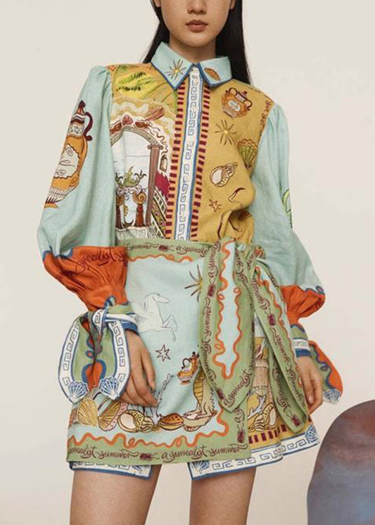 Natural Green Print Two Pieces Set Shirts and Skirts Lantern Sleeve