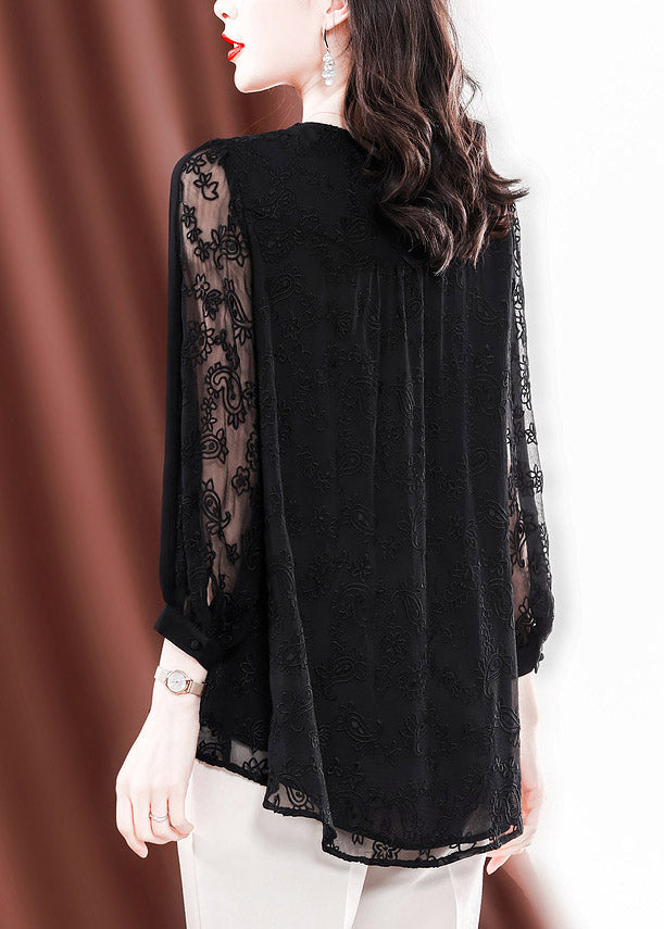 Black O-neck Button Low High Design Tulle Embroideried Silk Tops Long Sleeve