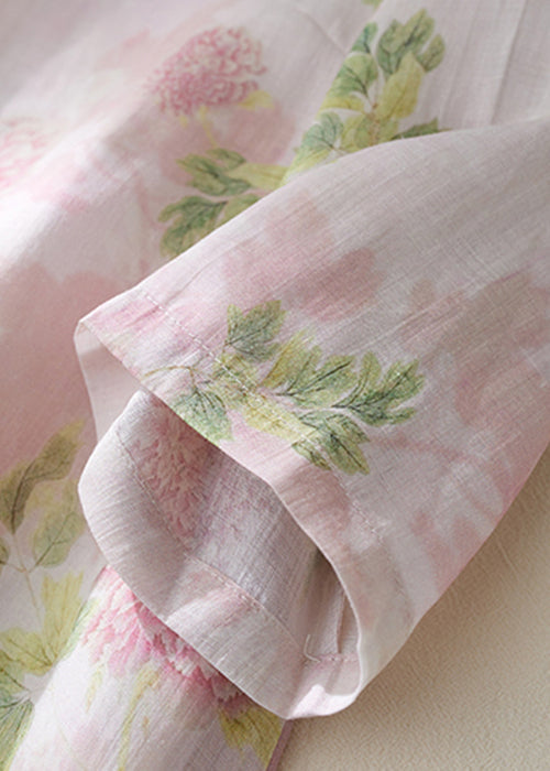 Pink O Neck Button Print Linen Shirts Bracelet Sleeve