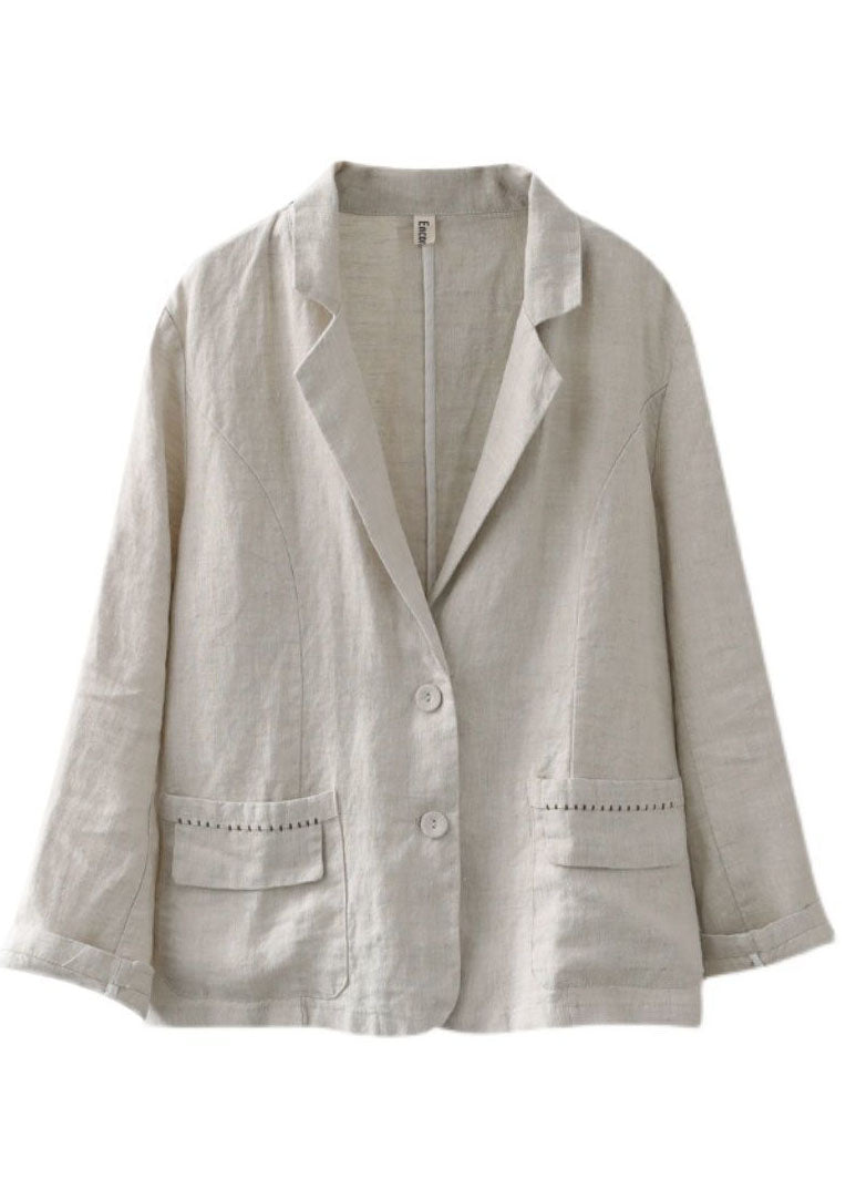 Beige Pockets Patchwork Button Linen Coats Spring