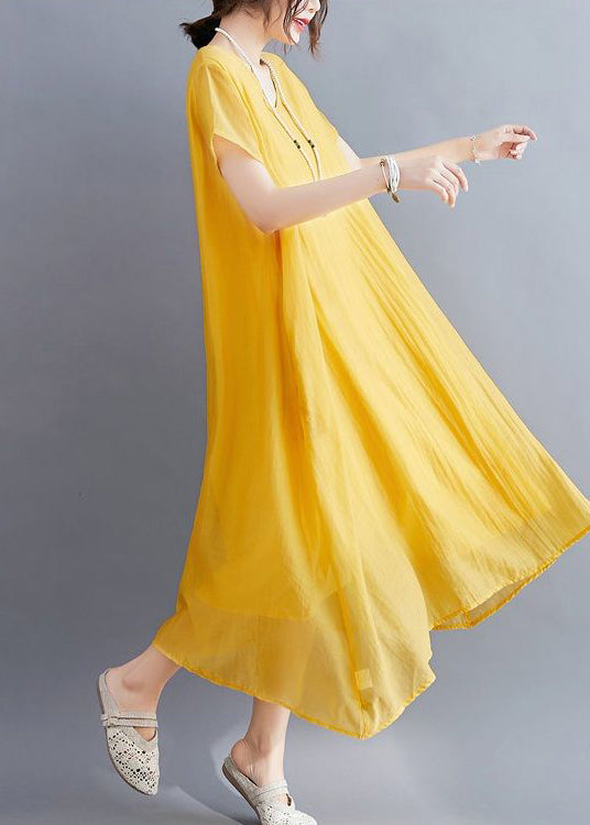 Yellow V Neck Asymmetrical Design Cotton Maxi Dresses Summer