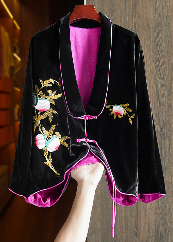 Black Chinese Button Embroideried Silk Velour Coats Long Sleeve