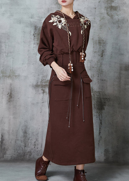 Modern Brown Embroidered Cotton Sweatshirt Dress Spring