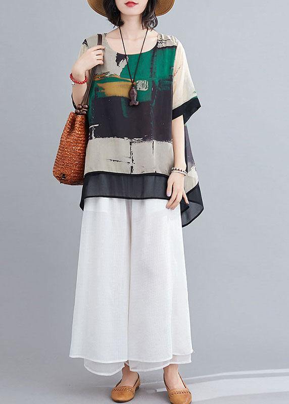 Green Print O-neck Two Pieces Set Summer Chiffon