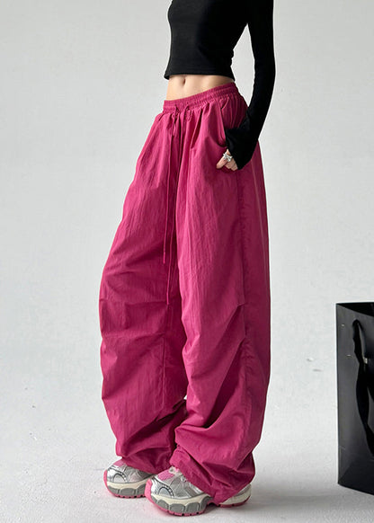 Vogue Red Pockets Tie Waist Warm Fleece Straight Pants Spring