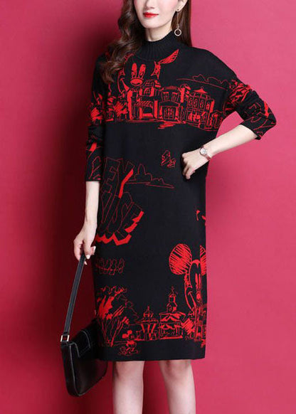Red Print Thick Knit Long Sweater Dress High Neck Long Sleeve
