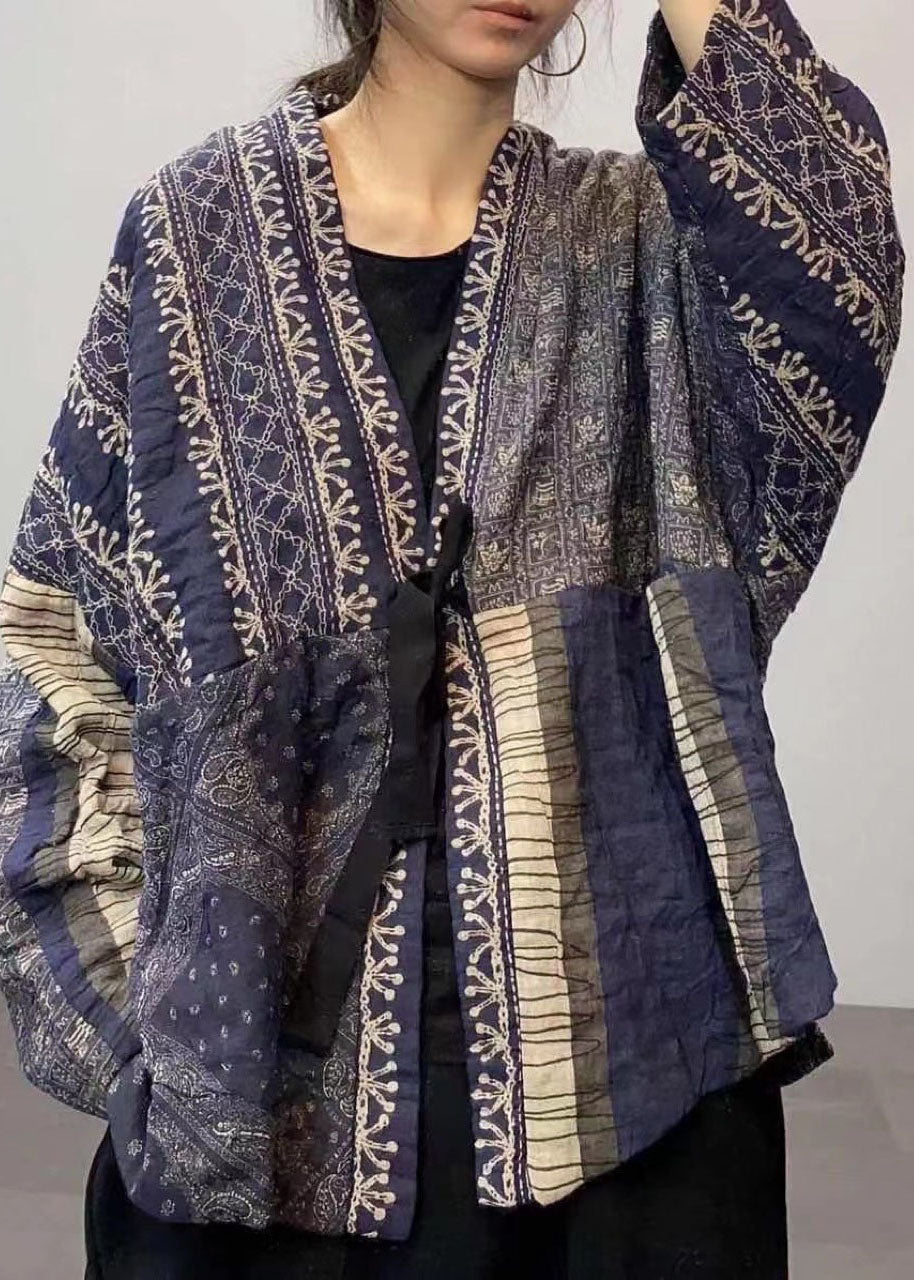 Diy Blue Print Patchwork Pockets Tie Waist Fall Top