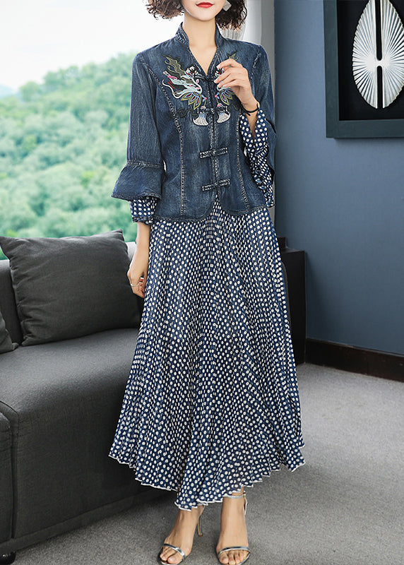 Blue Stand Collar Embroideried Patchwork Cotton Denim Coats Dot Print Chiffon Skirt Two Pieces Set Flare Sleeve