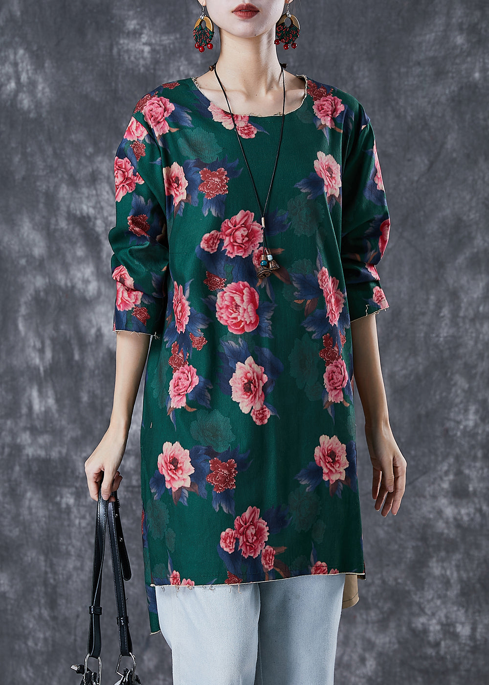 Green Print Linen Mini Dress Side Open Fall