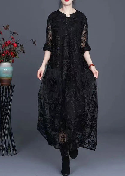 Italian Black Jacquard Long Lace Dress Spring Maxi Dress