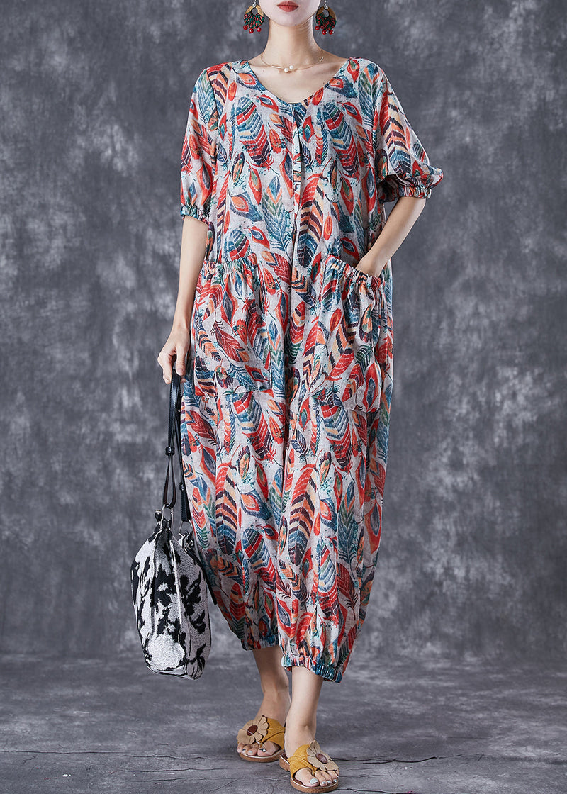 Red Feather Print Pockets Linen Jumpsuit Summer
