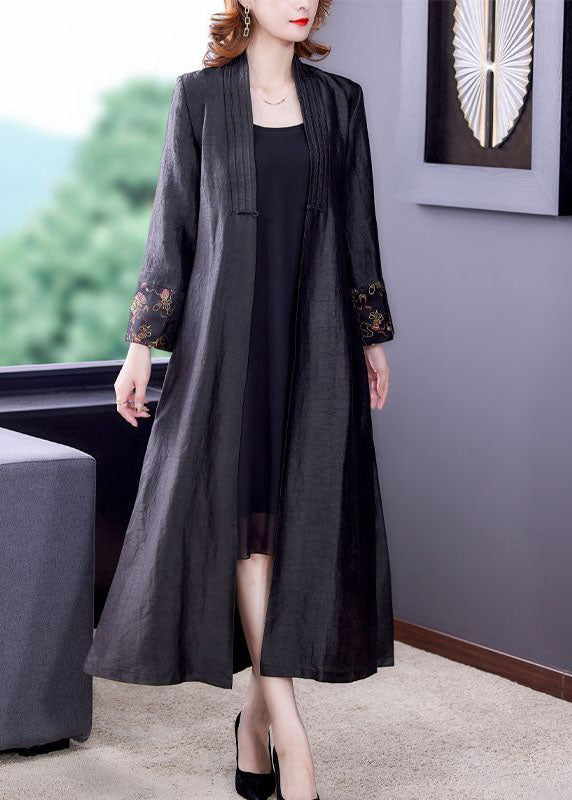 Black V Neck Patchwork Side Open Silk Trench Coats Fall