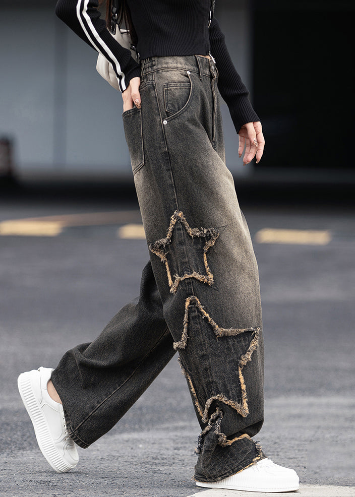 Black Grey Pockets Patchwork Denim Pants Fall
