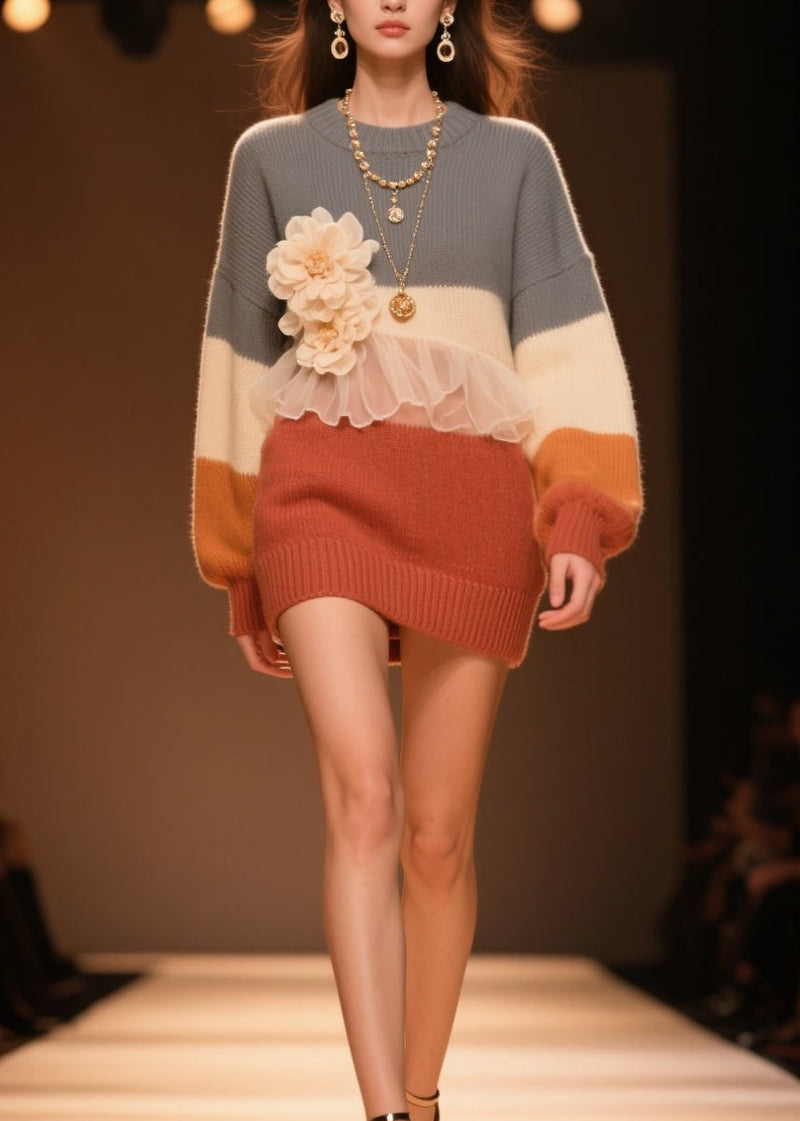Stylish O Neck Tulle Ruffled Knit Sweaters Fall