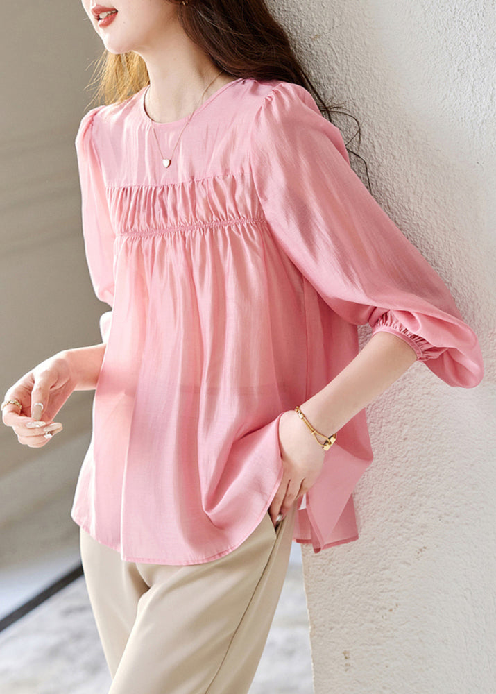 Pink O-neck Patchwork Silk Top Fall