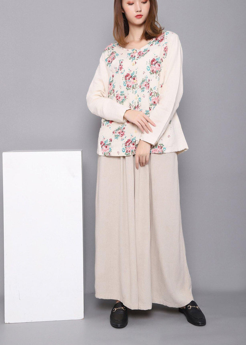 White Print Linen Spring Top