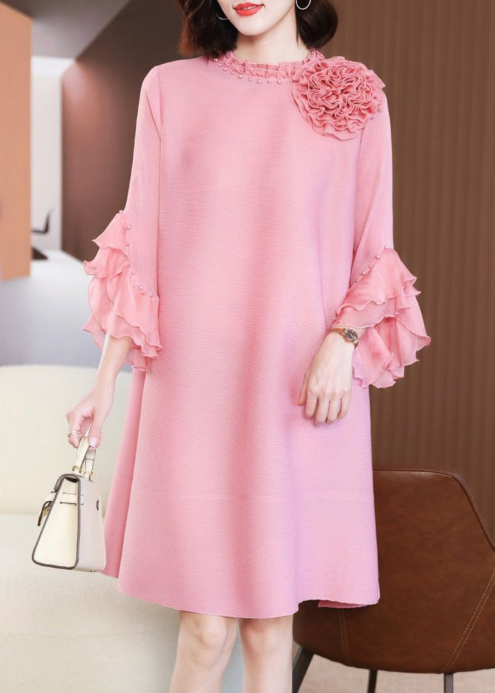 Pink Stand Collar Nail Bead Vacation Dresses Petal Sleeve Summer