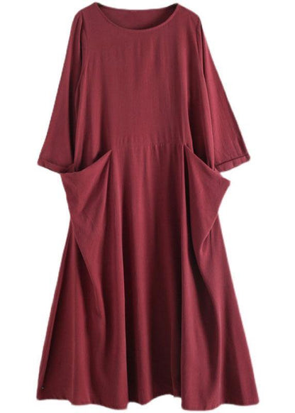 Handmade Red Pockets Long Sleeve Loose Dress Fall