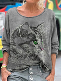 Lovely Fuzzy Cat Embroidered T Shirt elevenforest