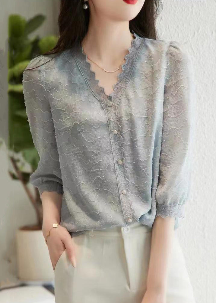 Light Blue V Neck Button Cotton Shirt Tops Half Sleeve