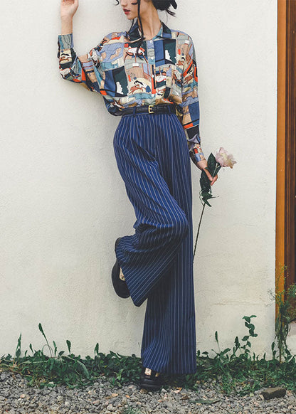 Blue High Waist Striped Draping Wide Leg Pants Spring