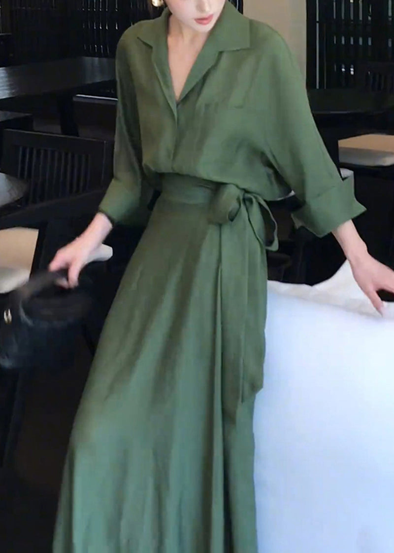 Green Peter Pan Collar Shirts and Skirts Cotton Two Pieces Set Spring