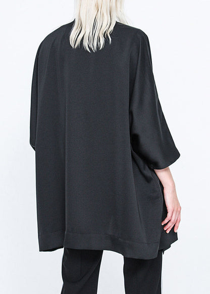 Black Stand Collar Zippered Batwing Trench Coats Long Sleeve