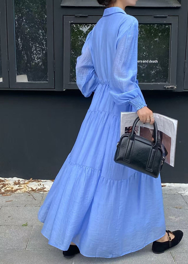 Blue Tie Waist Exra Large Hem Cotton Shirt Dresses Fall