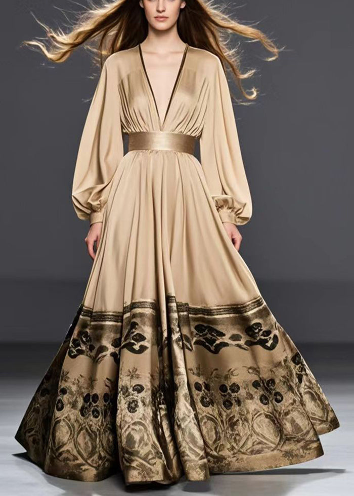 Golden Cinched Print Silk Maxi Dresses Fall