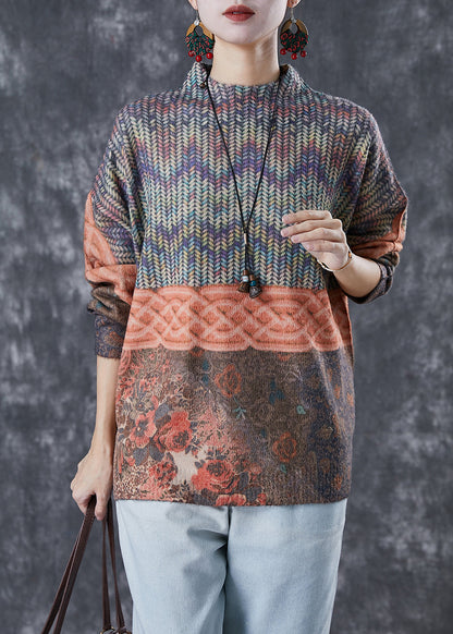 Stand Collar Print Warm Knitted Tops Winter
