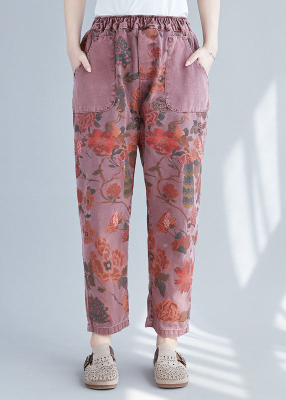 Brick Red Elastic Waist Print Cotton Denim Pants Spring