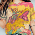 Abstract Creative  Cat And Dinosaur Fantasy Art  Print Cotton Graphic T-shirt elevenforest