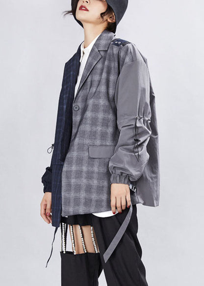 Simple Grey Patchwork Plaid Asymmetrical Design Fall Coats Long Sleeve