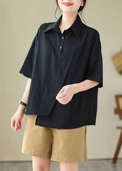 Black Peter Pan Collar Asymmetrical Design Cotton Top Summer