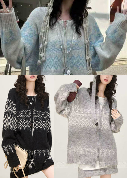 Light Blue Print Knit Two Pieces Set Zip Up Spring