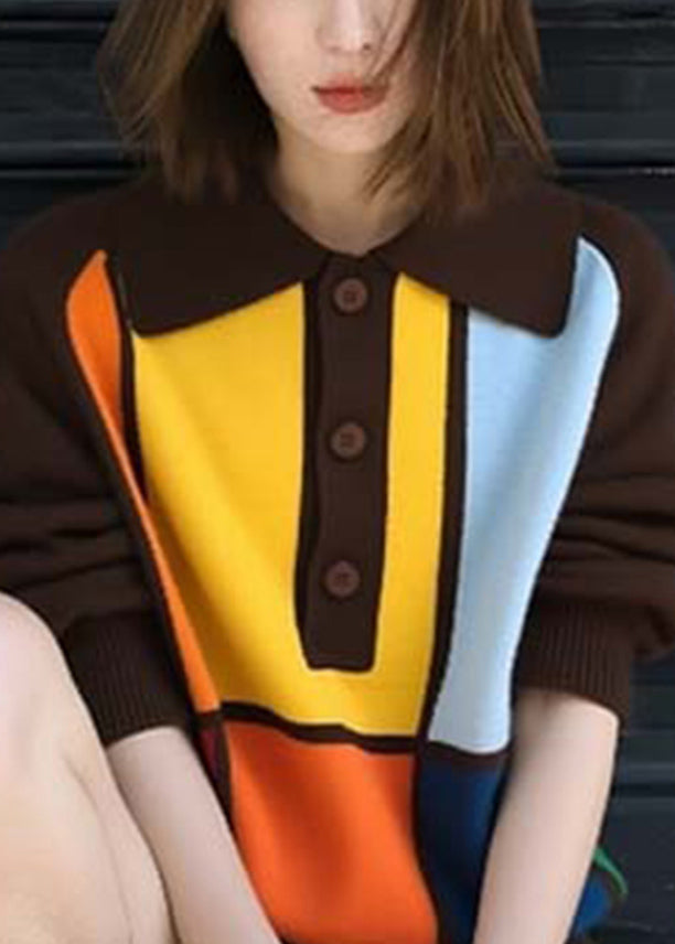 Coffee Peter Pan Collar Button Patchwork Knit Sweaters Fall