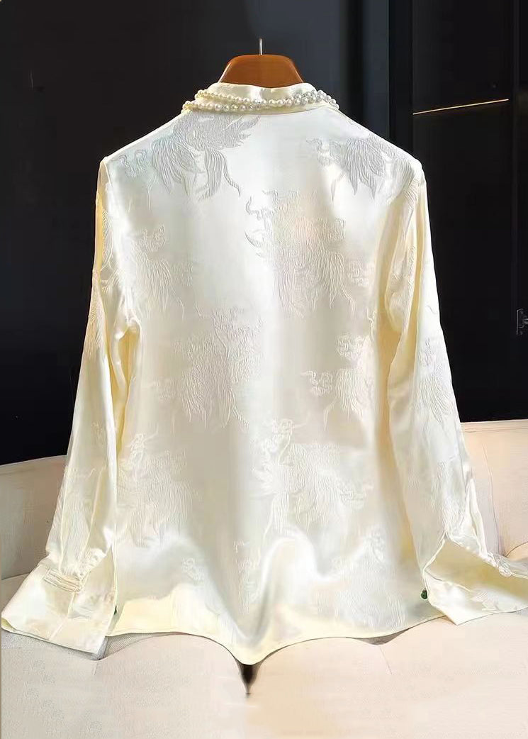 Jacquard Green Stand Collar Button Silk Shirt Long Sleeve