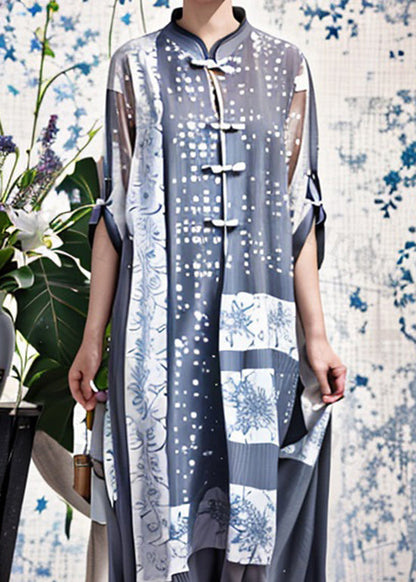 Blue Print Chinese Button Silk Long Dresses Summer
