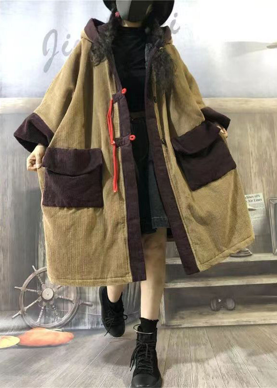 Camel Hooded Pockets Patchwork Corduroy Warm Fleece Coat Winter