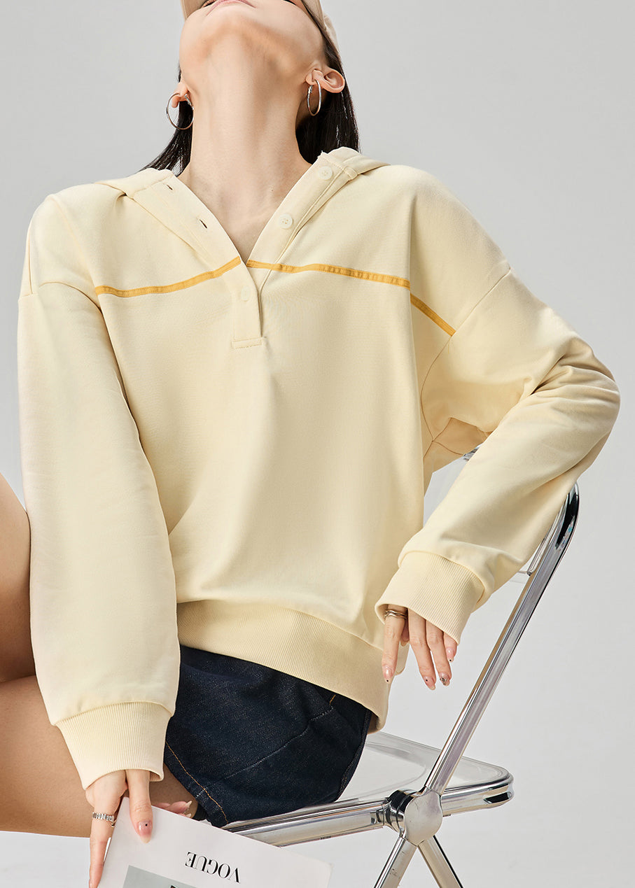 Yellow Hooded Button Cotton Sweatshirt Fall