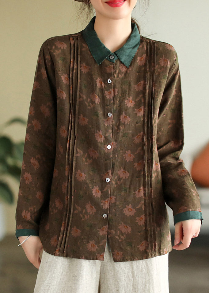 Peter Pan Collar Print Button Linen Shirt Long Sleeve