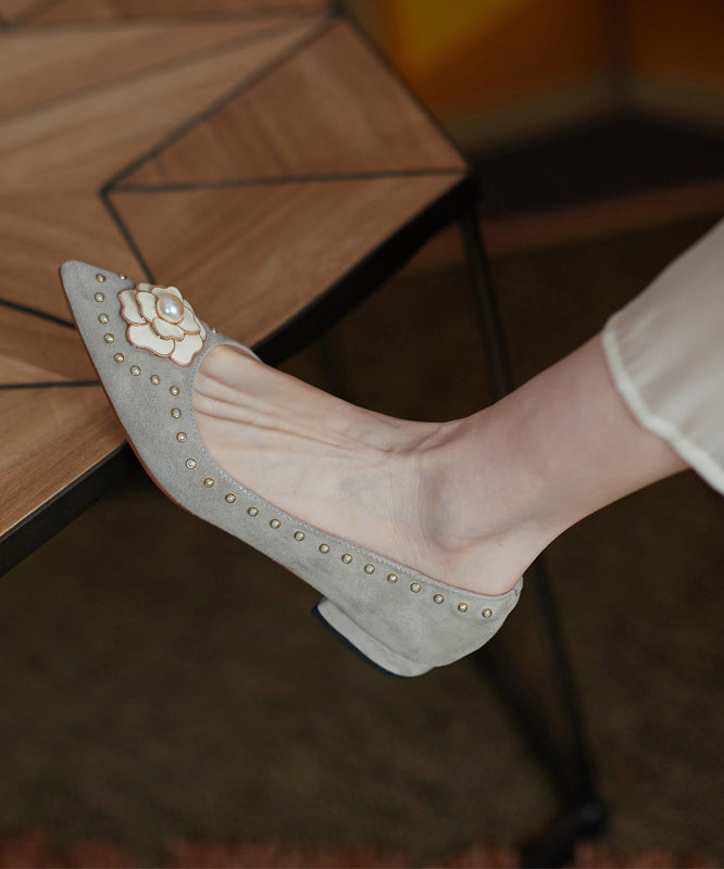 French Suede Nail Bead Splicing Flat Shoes Pointed Toe