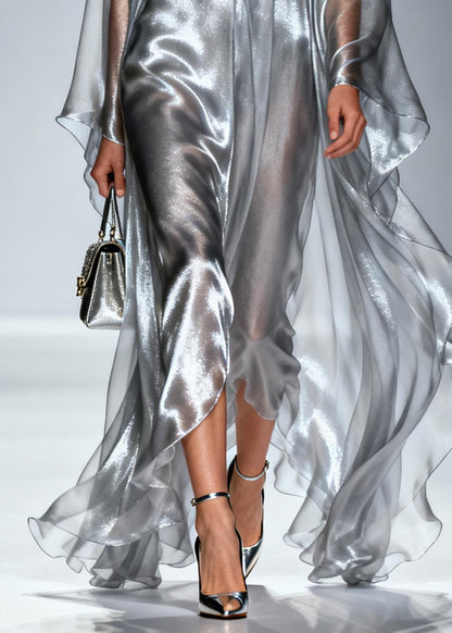 Silvery Oversized Draping Chiffon Maxi Dresses Summer