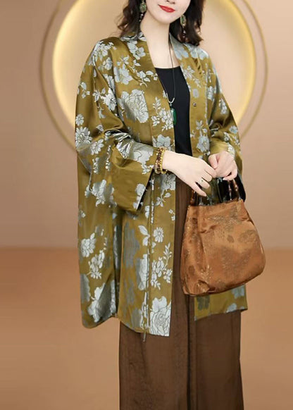 Green V Neck Button Print Silk Shirts Top Fall