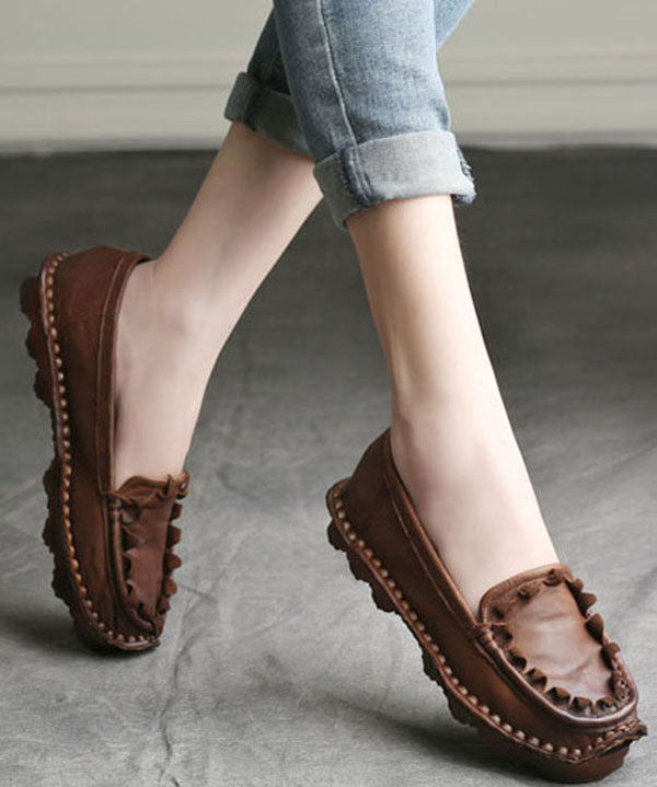 Coffee Flat Shoes for Splicing Cowhide Leather