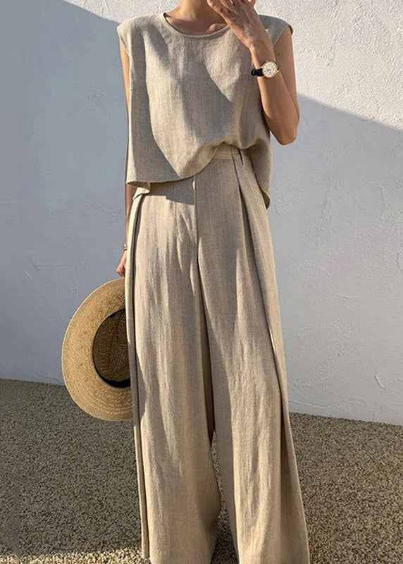 Boutique Khaki O-neck T Shirt and Wide Leg Pants Two Pieces Set Sleeveless Summer